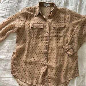 Tan Button-Up Blouse with Black Dots